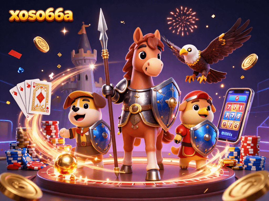 Win big at xoso66a with vibrant casino illustration featuring jackpots and dynamic game elements.