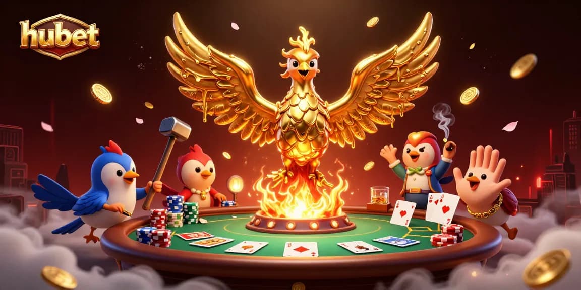 Experience winning moments at hubet with a dynamic illustration showcasing exciting poker elements and a golden phoenix.