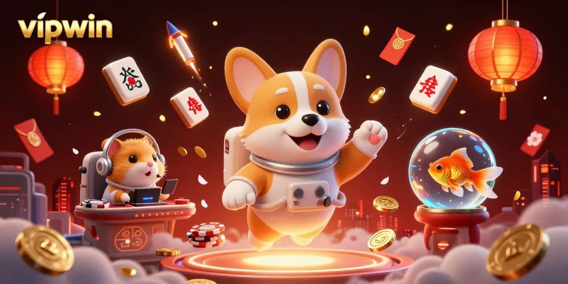 Join the fun at vipwin with a floating corgi astronaut surrounded by vibrant casino elements!