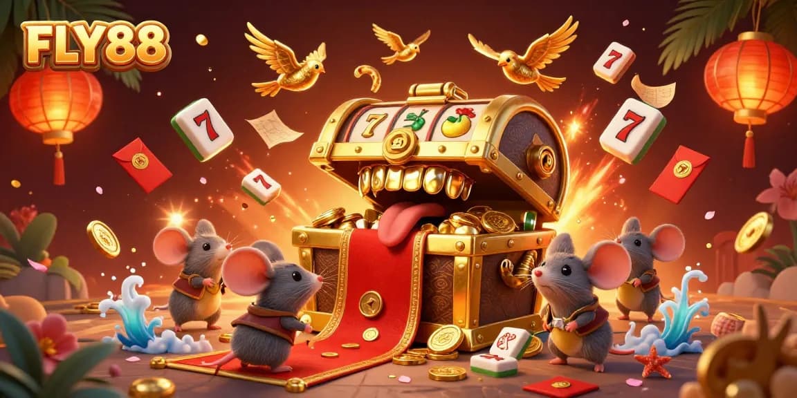 Experience FLY88's vibrant casino adventure with a golden treasure chest and slot reels.