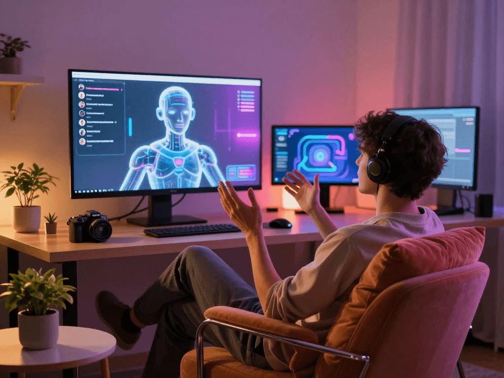 Engaging ai sex conversation in a cozy virtual chat room with holographic AI.