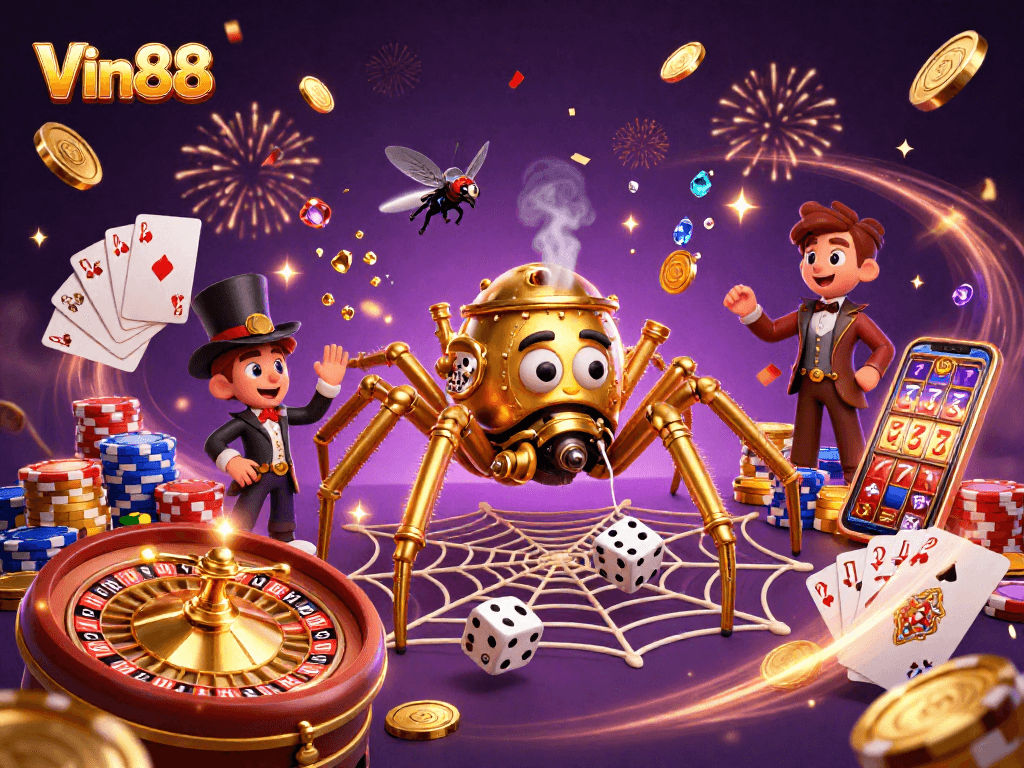 Engage in thrilling gameplay at Vin88 with steampunk-inspired elements and vibrant casino visuals.