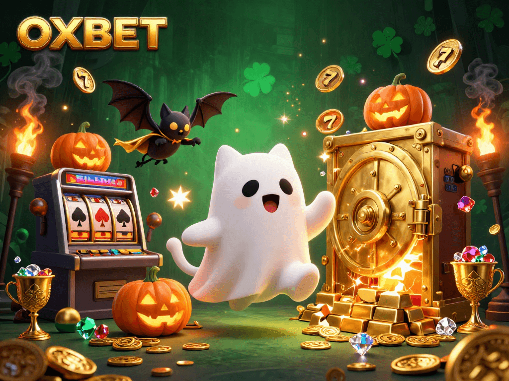 Experience OXBET's thrilling haunted casino adventure with a ghost cat, bat companion, and glowing treasures.