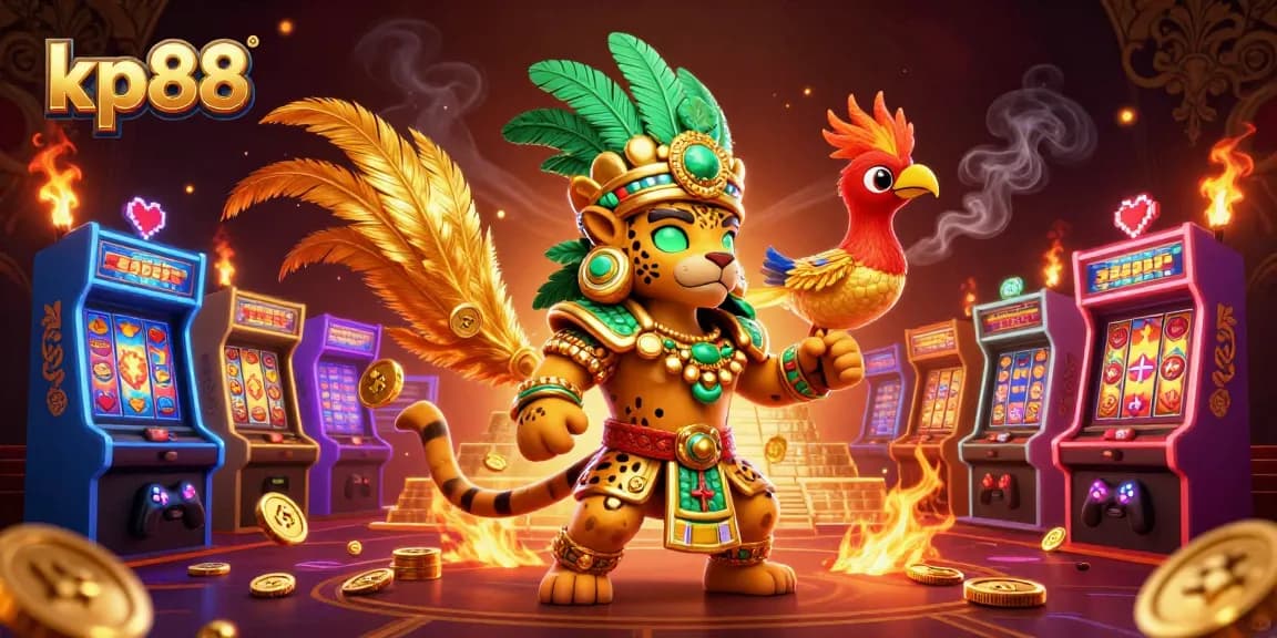 Experience kp88 excitement with a vibrant, dynamic illustration featuring slot reels and a Mayan jaguar.