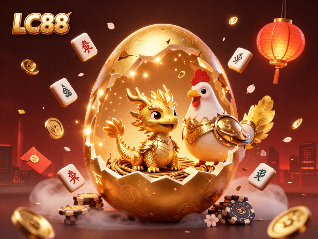 Play and win at LC88, a vibrant casino scene featuring golden characters and playful elements.