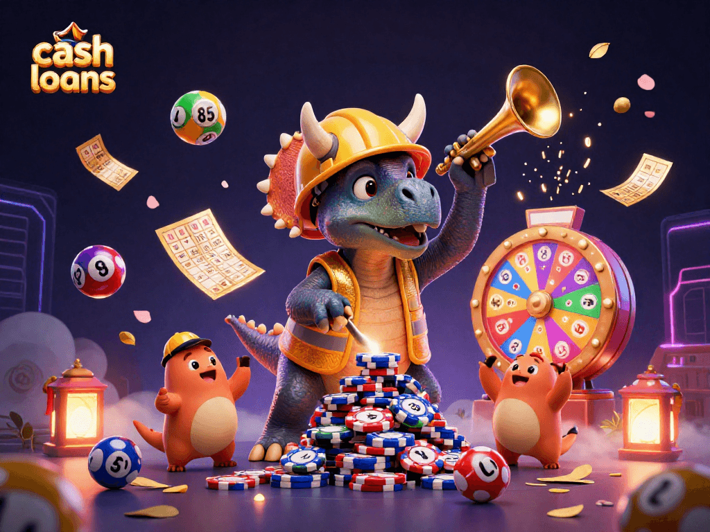 Engage with cash loans while a triceratops builds a poker chip pyramid amid lively lottery and gaming elements.