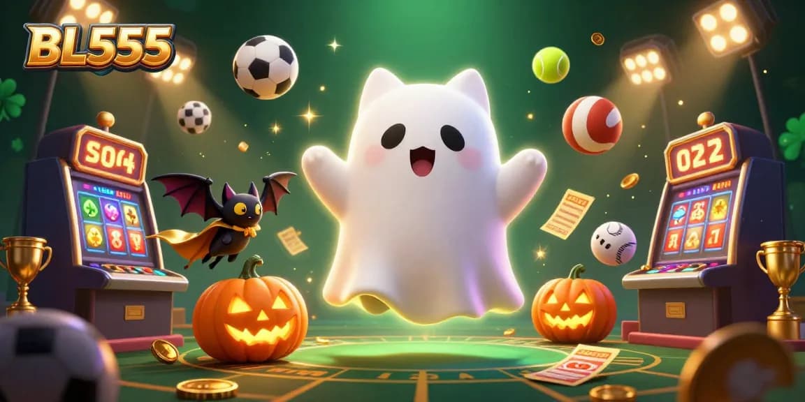 Immerse in an exciting BL555 casino scene with a floating ghost cat, vibrant sports elements, and glowing jack-o-lanterns.
