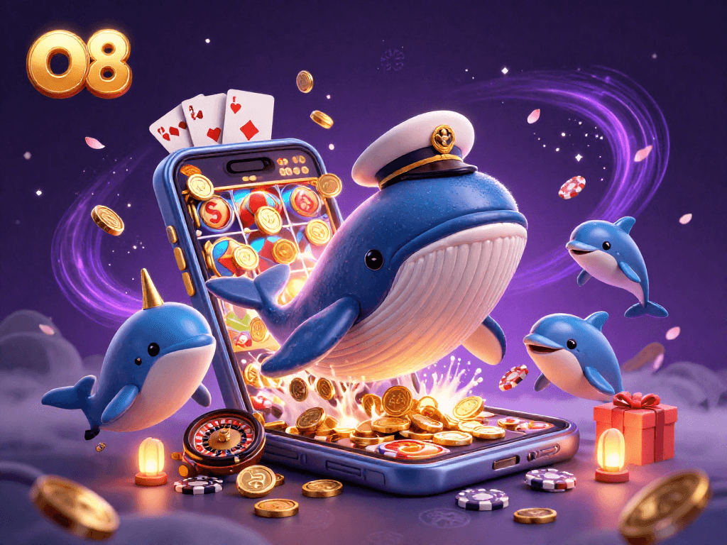 Engage with the vibrant world of O8 where cartoon whales and dolphins celebrate gambling fun.