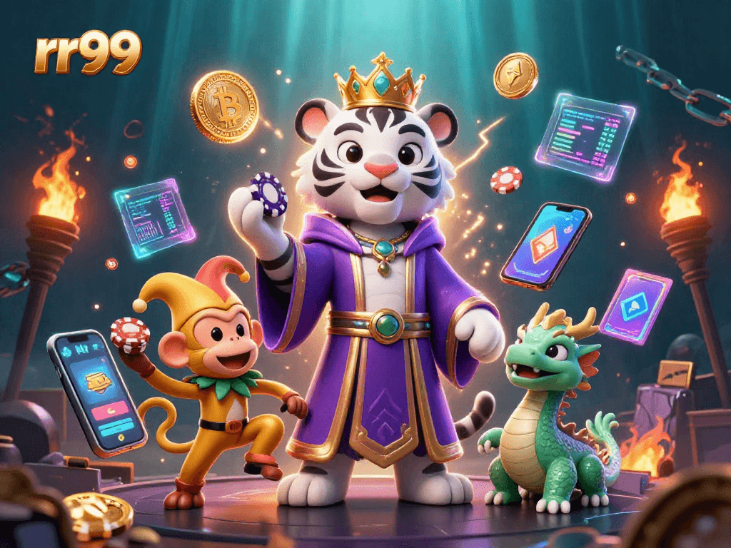Engage with rr99's vibrant gambling scene featuring a royal tiger, playful monkey, and dynamic crypto elements.