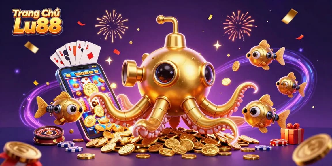 Experience thrilling gameplay at Trang Chủ Lu88 with a golden kraken submarine and vibrant casino icons.