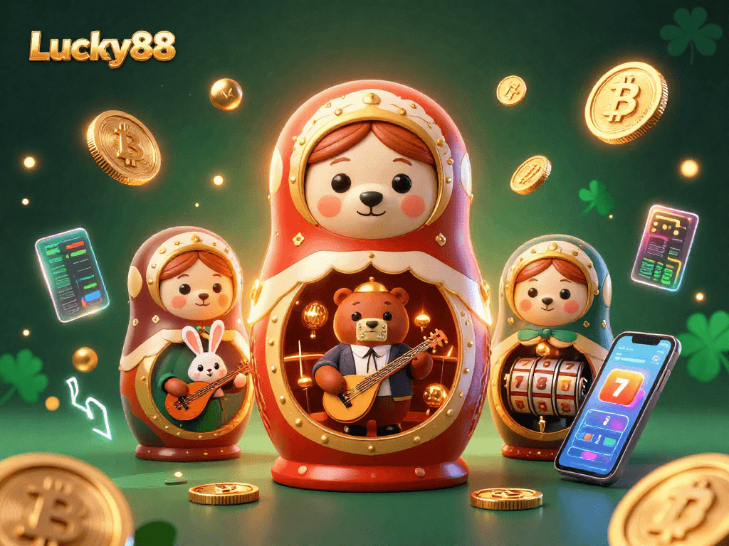 Spin the reels with Lucky88 in this vibrant 3D illustration filled with exciting casino elements.