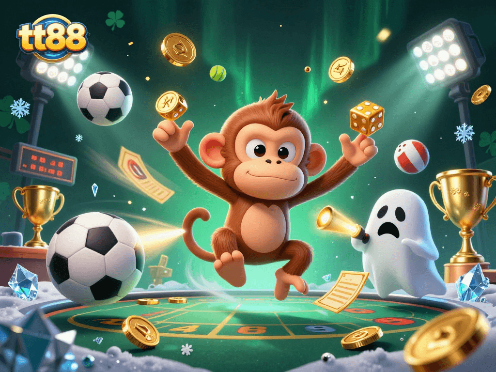 tt88 engages players with a lively and vibrant 3D casino scene featuring a playful poltergeist monkey and an adventurous ghost-hunter puppy.