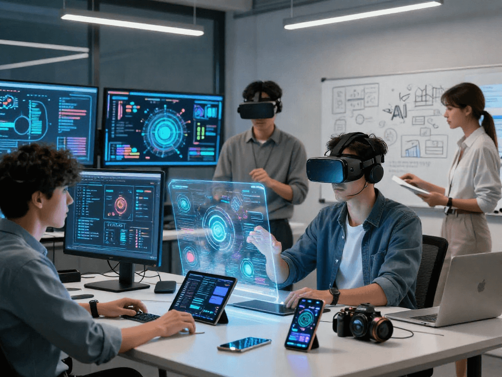 Engaging scene of professionals using 18+ ai technology in a modern workspace with holographic and VR interfaces.