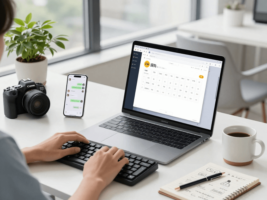 Engaged user utilizing 搜狗输入法 on a laptop in a modern workspace, highlighting seamless tech integration.