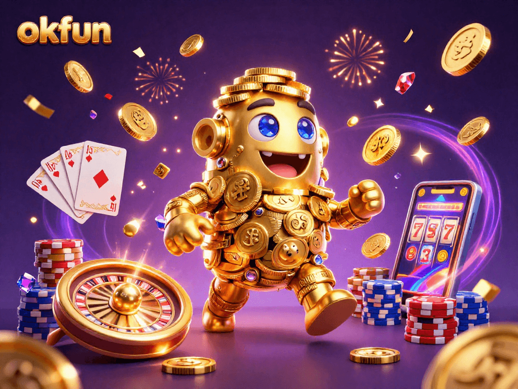 Experience thrilling wins at okfun with the golden golem amidst cascading coins and game symbols.