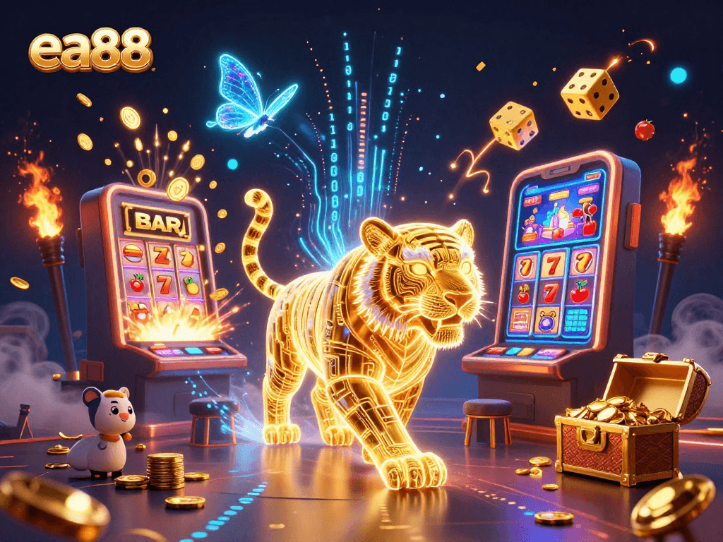ea88 players spin the reels of jackpot slots, surrounded by golden coins and vibrant casino vibes.