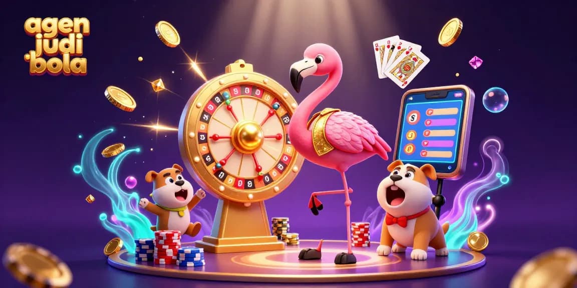 Win big with agen judi bola as the flamingo host spins the prize wheel in a vibrant casino scene.