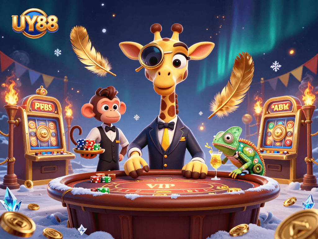 Experience UY88 with a lively illustration of a giraffe in a suit at a poker table surrounded by casino excitement.