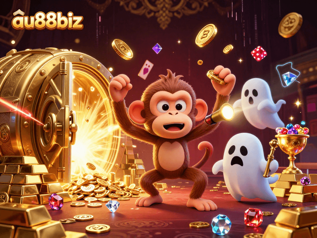 Experience fun with AU88biz as a mischievous monkey juggles golden treasures in an exciting casino.