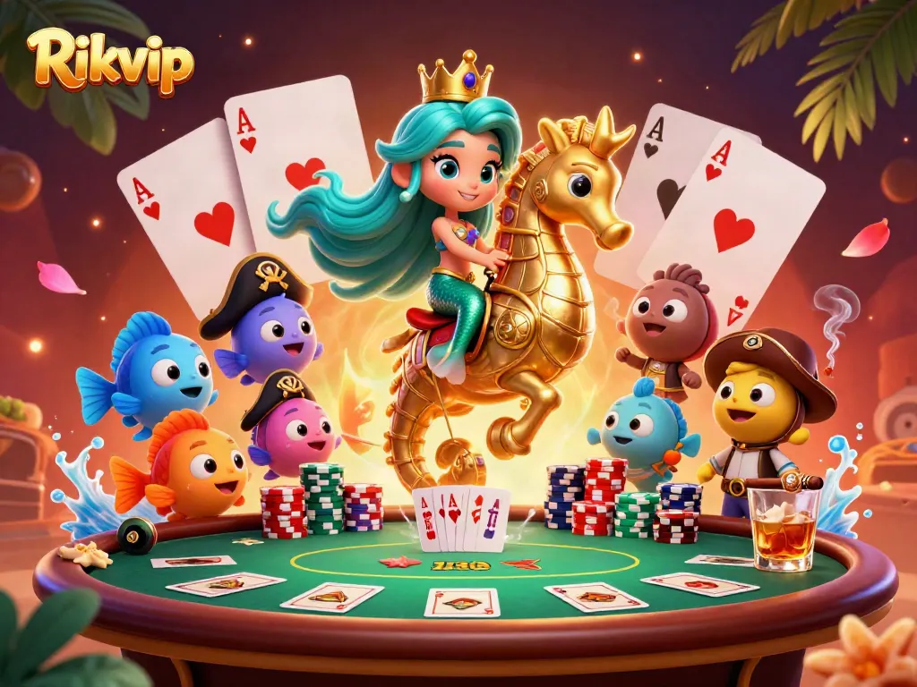 Experience thrilling gaming at Rikvip with a vibrant casino scene featuring a mermaid princess, poker elements, and dynamic gameplay.