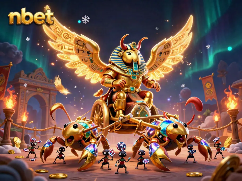Experience nbet's exclusive gaming world with stunning visuals featuring golden beetles, scorpions, and poker chips.
