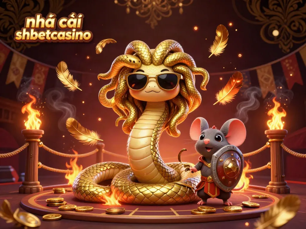 Engage with the lively scene at nhà cái shbetcasino, featuring Medusa with playful golden snakes and a warrior mouse in a dynamic casino atmosphere.