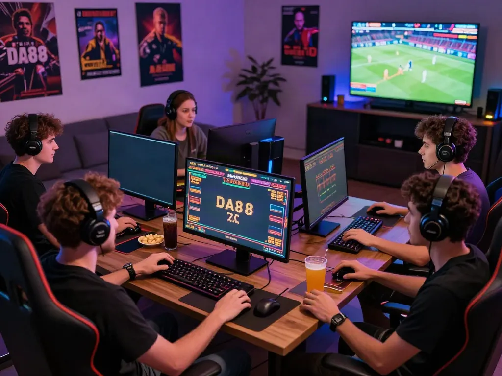 Friends enjoying DA88 online casino games in a vibrant gaming setup