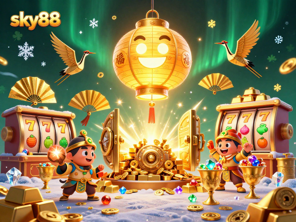 Experience sky88 excitement with vibrant casino scenes featuring slot machines and sparkling treasures.