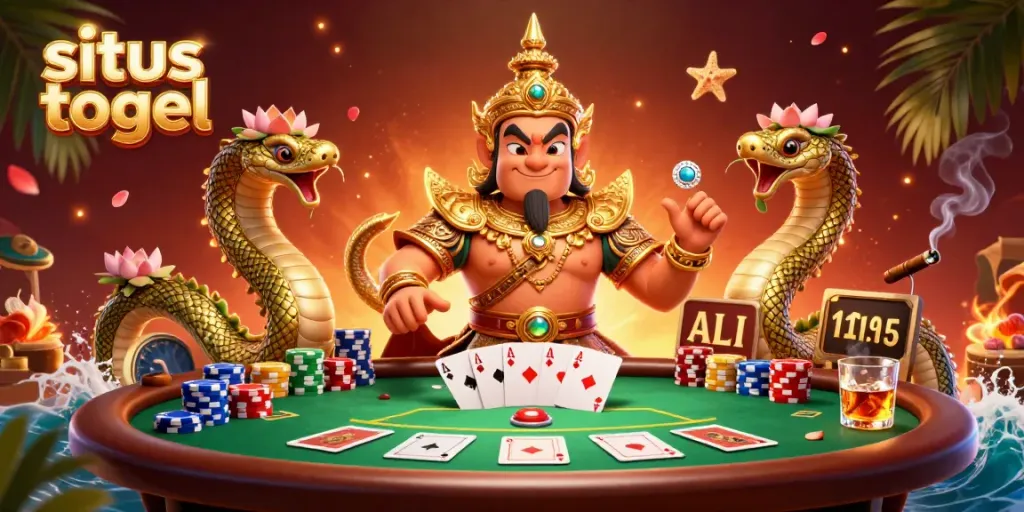 Engage with situs togel in this vibrant illustration featuring a lively poker game scene.