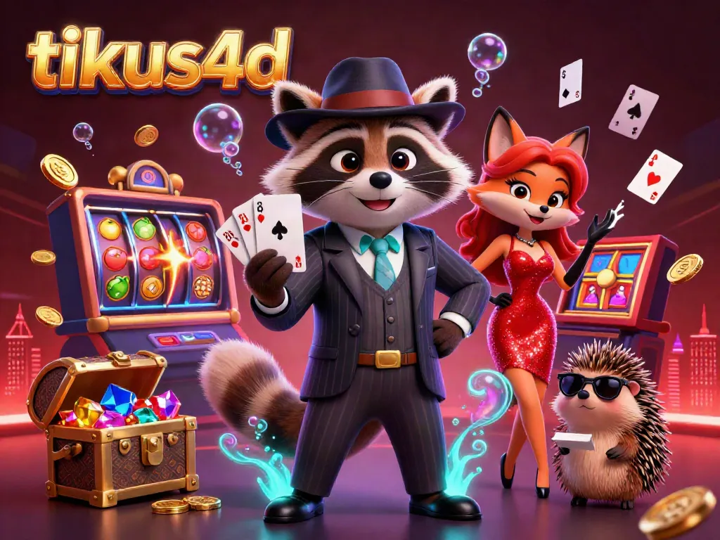 Experience fortune with tikus4d as a suave raccoon celebrates winning a royal flush amidst cascading coins and game symbols.