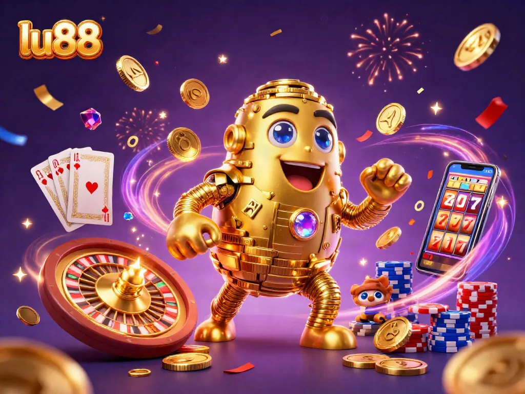Experience the excitement of gaming at lu88 as golden coins cascade and vibrant slot reels spin.
