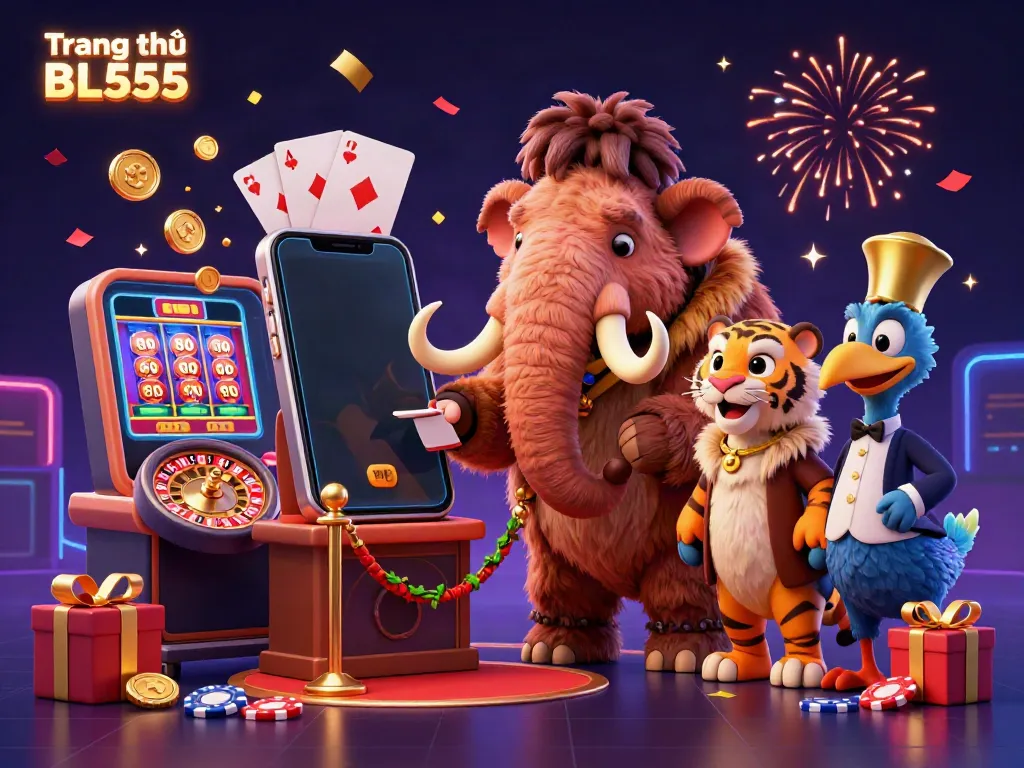 Engage with the vibrant atmosphere of Trang chủ BL555 as casino characters welcome you, showcasing dynamic game elements and a festive ambiance.