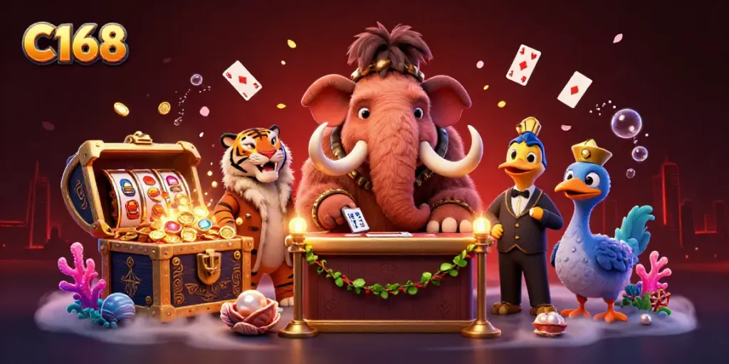 C168 casino scene with a woolly mammoth bouncer, saber-tooth tiger guest, and underwater treasure elements for dynamic gaming experience