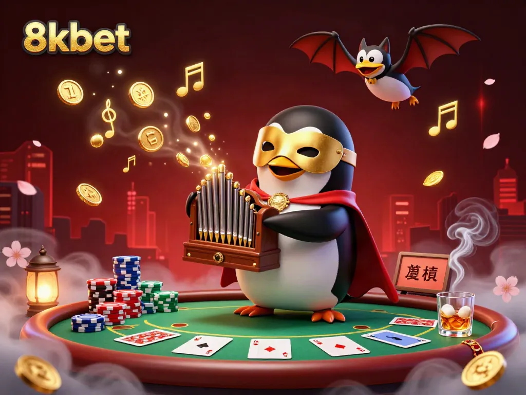Experience the excitement of 8kbet with a dynamic scene of a penguin playing music while coins flow.