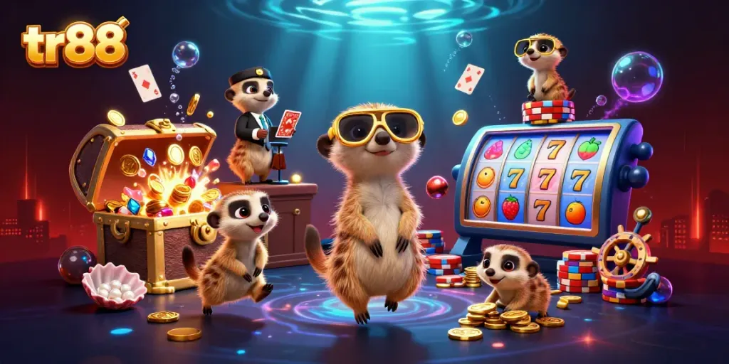 Engaging tr88 scene featuring meerkats orchestrating a colorful casino with slot elements.