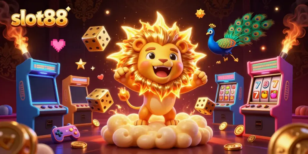 Permainan slot88 yang mengasyikkan ditampilkan oleh singa berwajah ceria di latar belakang emas.