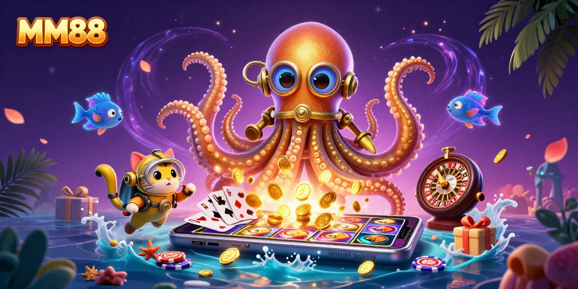 Experience MM88 excitement with a vibrant kraken and diving cat in this dynamic casino scene.