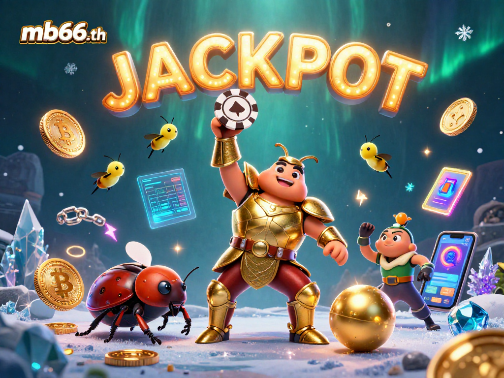 Experience thrilling wins at mb66-th with a dynamic cartoon scene showcasing gambling excitement.