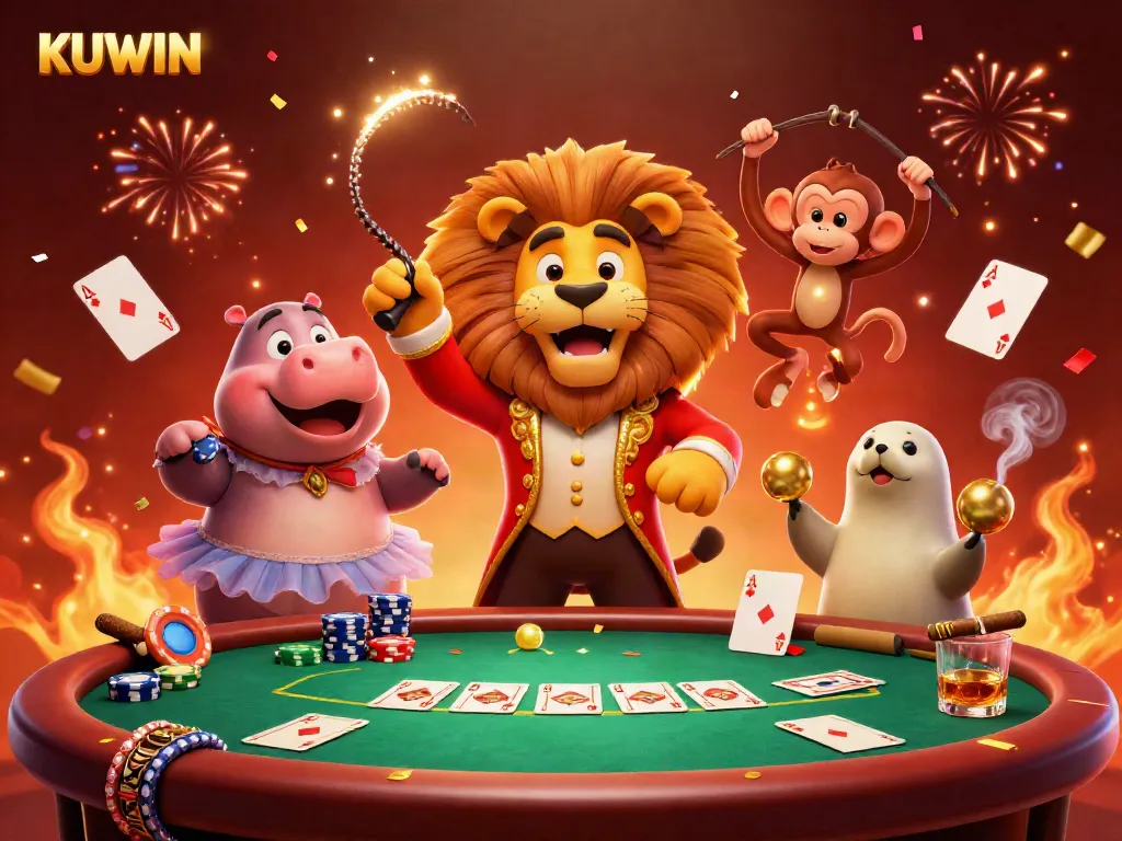 Play poker at KUWIN with vibrant characters including a lion, hippo, monkey, and seal in a dynamic gambling scene.