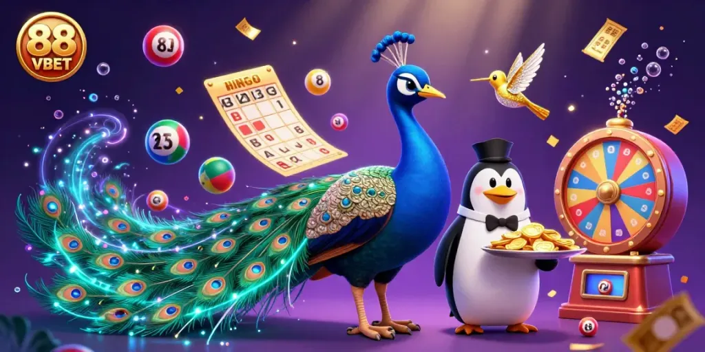 Experience the excitement of 88 VBET with vibrant casino elements, including a peacock and lottery balls.
