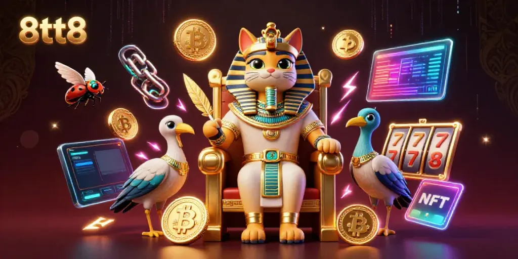 Spin the reels with 8tt8, featuring an Egyptian pharaoh cat amidst vibrant crypto gambling symbols.