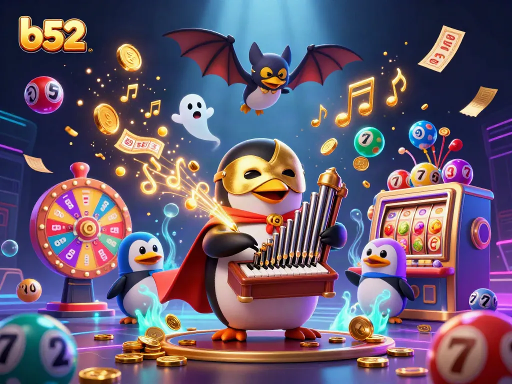 Play thrilling games at b52 with a vibrant casino-themed illustration featuring a penguin organist.