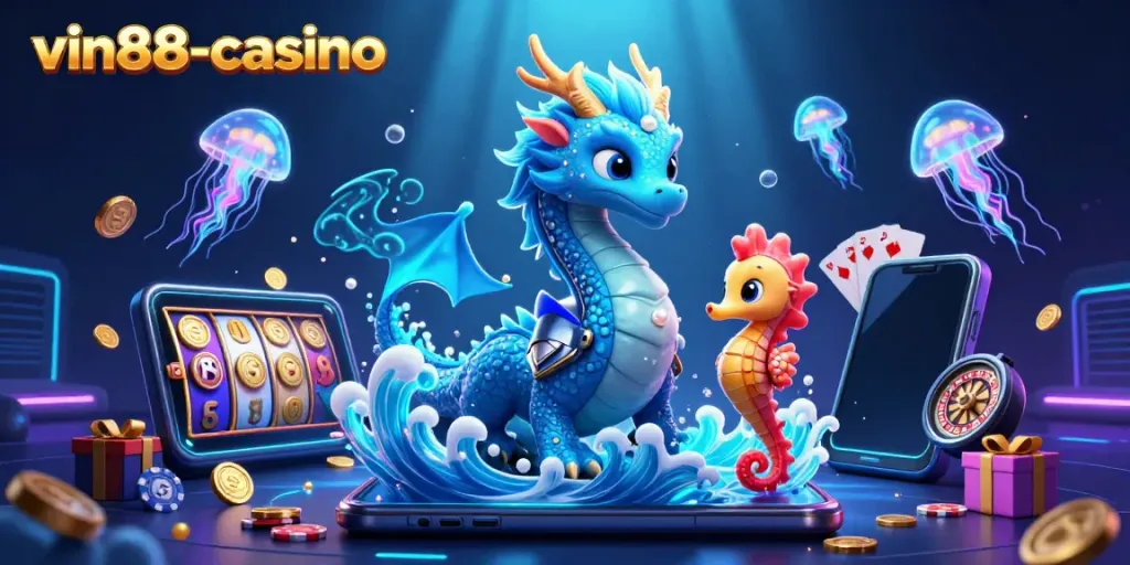 Experience the thrill of winning at vin88-casino with this captivating underwater 3D casino scene filled with vibrant characters.
