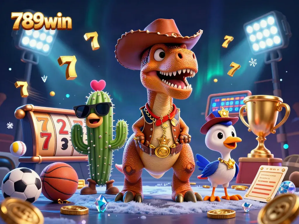 Experience the thrill of 789win as a T-Rex cowboy engages in dynamic casino action amidst flying jackpots and sports elements.