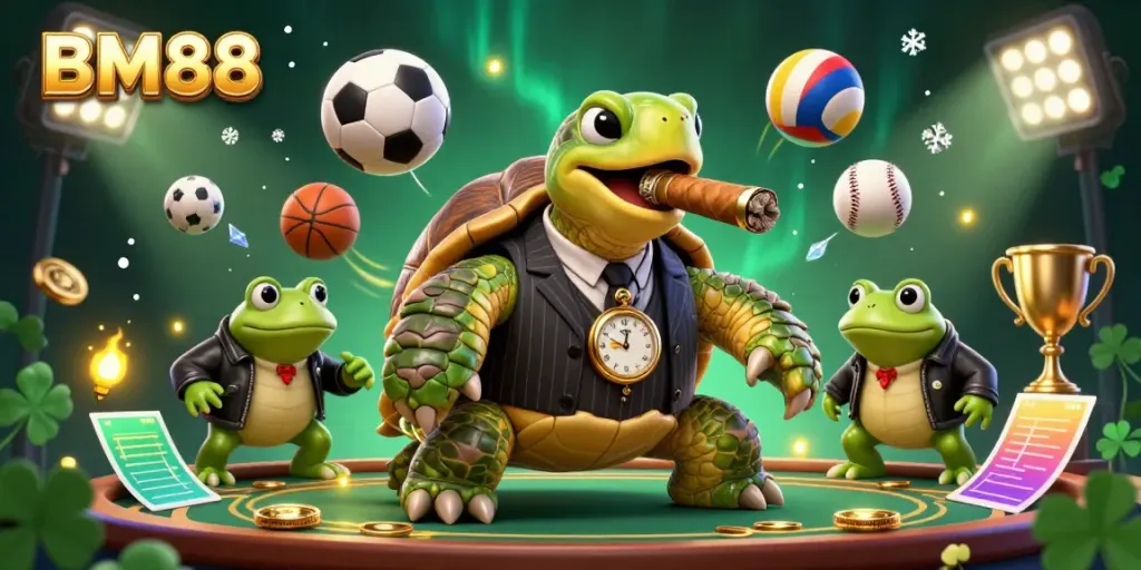 Experience thrilling gameplay at BM88 with a vibrant illustration of a mobster turtle and frog enforcers amidst dynamic sports elements.