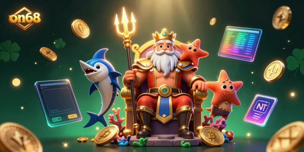 Experience thrilling online gameplay with on68's vibrant 3D illustration featuring Neptune and crypto elements.