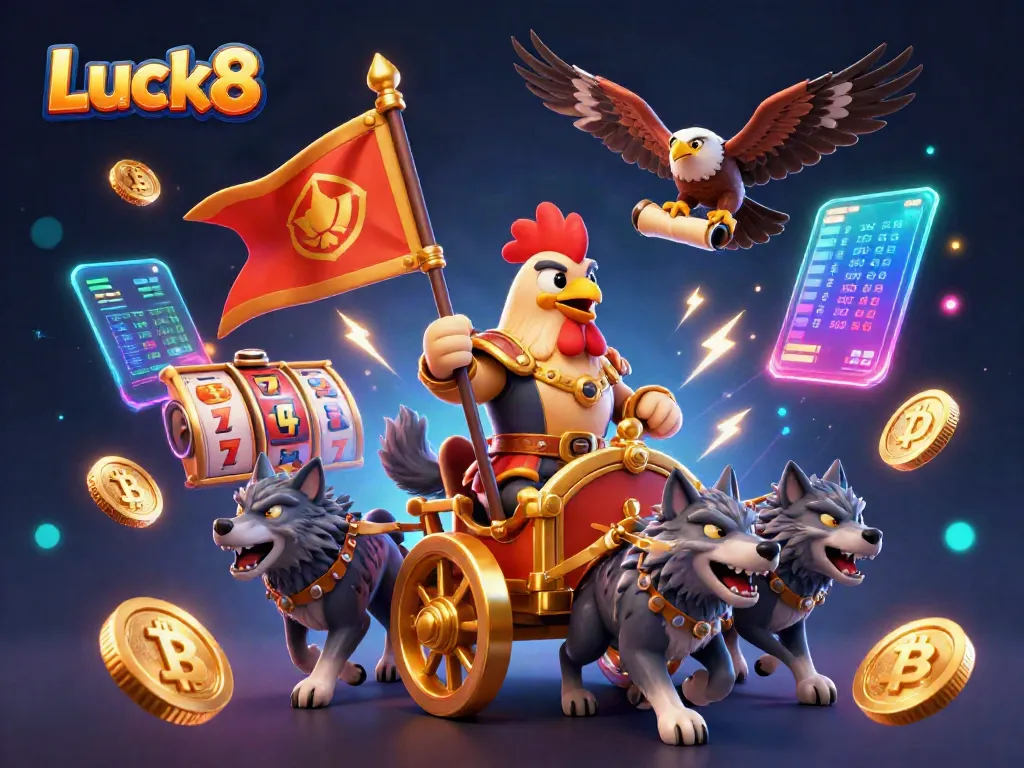 Experience thrilling gaming at Luck8 with a cartoon rooster riding a chariot amidst vibrant crypto coins and slot machines.