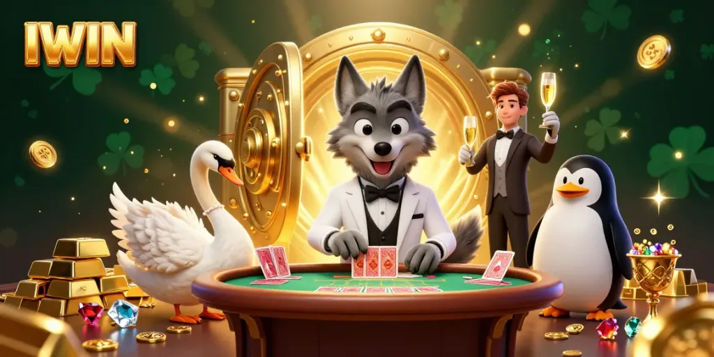 Experience the thrill of IWIN with an engaging 3D casino scene featuring a debonair wolf, elegant swan, and sophisticated penguin.
