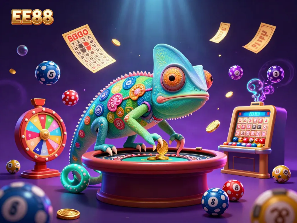 Engage with EE88 in a vibrant casino scene overflowing with colorful game elements and excitement.