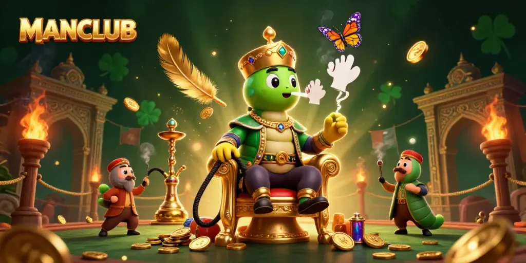 The MANCLUB illustration features an enormous caterpillar hookah-master surrounded by poker symbols and gold coins in a vibrant casino scene.